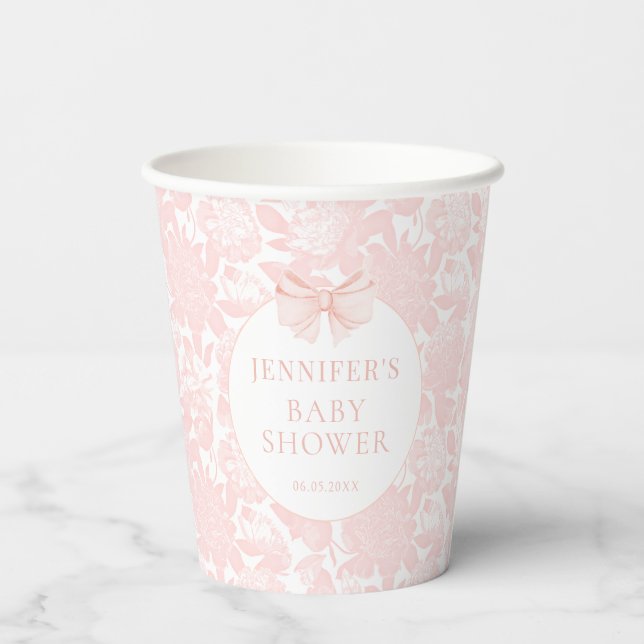 Cute pastel pink bow ribbon baby girl shower paper cups (Back)