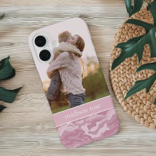 Cute Pastel Pink Camo Personalised Photo iPhone 16 Case