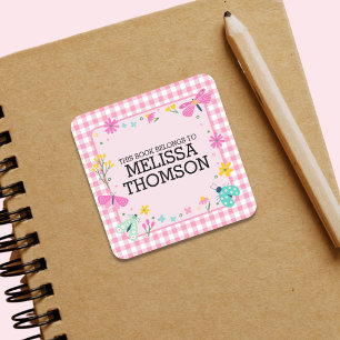 Cute Pastel Pink Checker Floral Girls Name   Square Sticker
