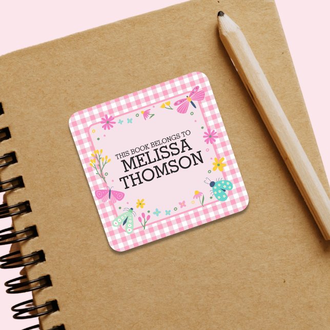 Cute Pastel Pink Chequered Floral Girls Name   Square Sticker (Creator Uploaded)