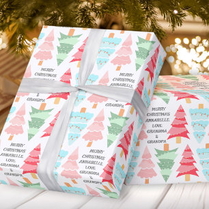 Cute Pastel Pink Colourful Christmas Tree Name Wrapping Paper