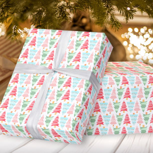 Cute Pastel Pink Colourful Christmas Tree Pattern  Wrapping Paper
