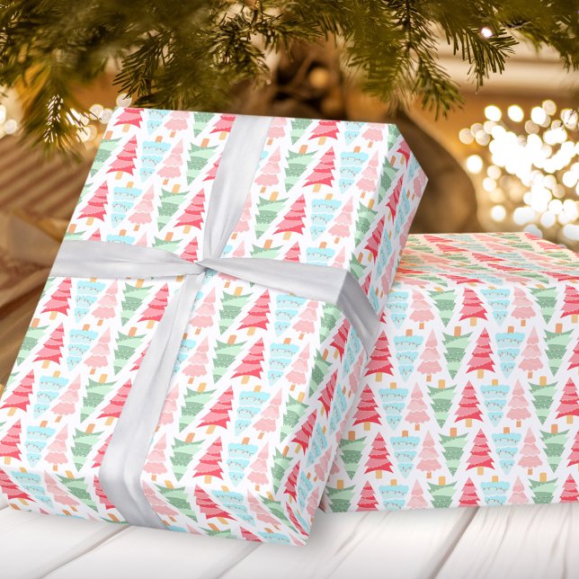 Cute Pastel Pink Colourful Christmas Tree Pattern  Wrapping Paper (Cute Pastel Pink Colorful Christmas Tree Pattern Wrapping Paper)