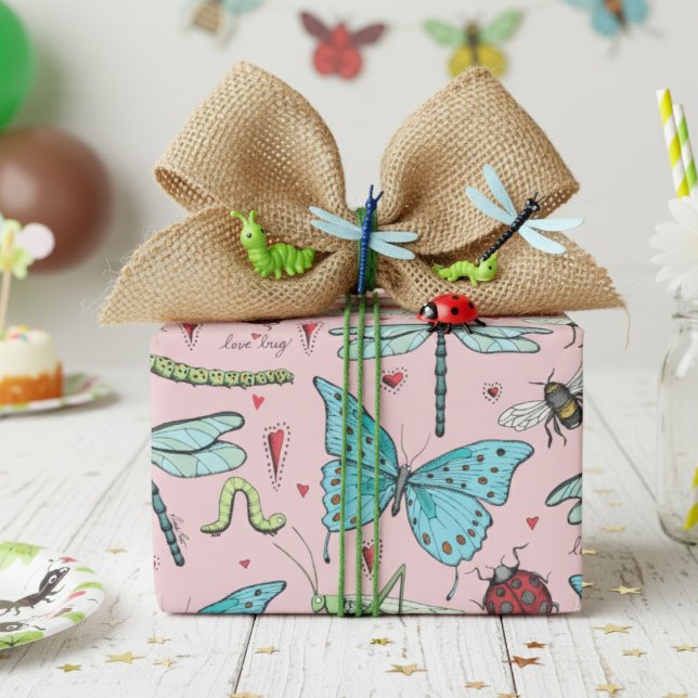 Cute Pastel Pink Colourful Insects Love Bug  Wrapping Paper (Cute Pink Love Bug Girly Insect Wrapping Paper for Kids Birthday Party. Fun Bug Pattern for Children)