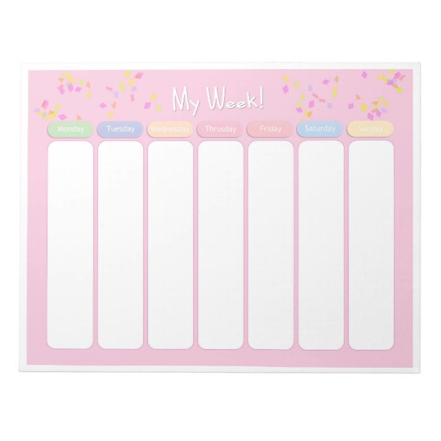 Cute Pastel Pink Confetti Weekly Planner Notepad (Front)