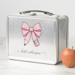 Cute Pastel Pink Cute School Pencil Bow Metal Lunch Box