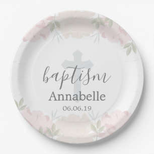 Cute Pastel Pink Floral Baby Baptism Paper Plate