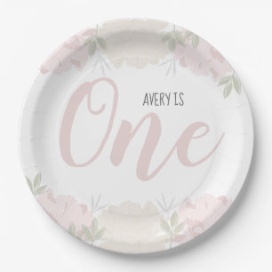 Cute Pastel Pink Floral Baby's 1st Birthday Paper Plate