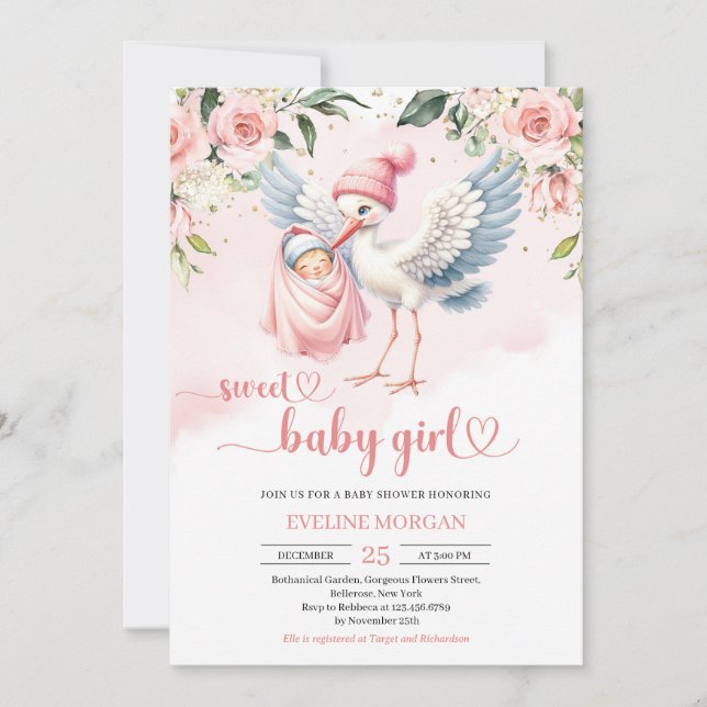 Cute pastel pink floral stork delivery baby girl invitation (Front)