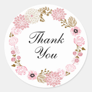 Cute Pastel Pink Floral Wreath Thank You Classic Round Sticker
