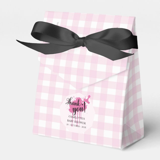 Cute Pastel Pink Gingham Baby Shower Favour Box (Front Side)