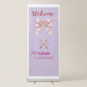 Cute Pastel Pink Gingham Bow Coquette Teacher Clas Retractable Banner