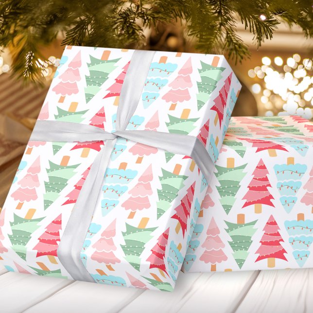 Cute Pastel Pink Green Colourful Christmas Tree Wrapping Paper (Cute Pastel Pink Green Colorful Christmas Tree Wrapping Paper)