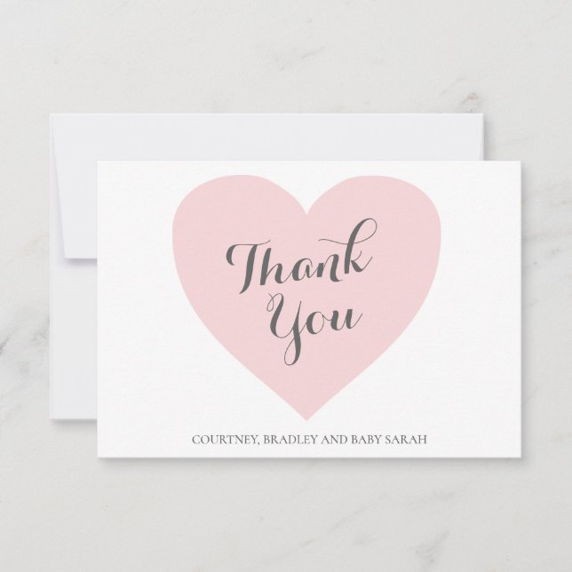 Cute Pastel Pink Heart Girl Baby Shower Thank You Card (Front)