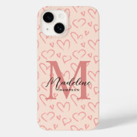 Cute Pastel Pink Heart Pattern Script Monogram