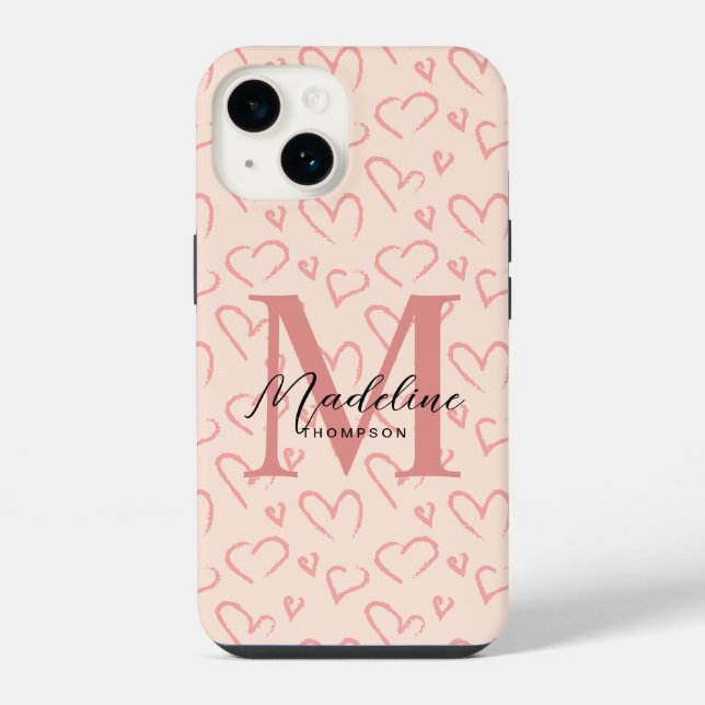 Cute Pastel Pink Heart Pattern Script Monogram iPhone Case (Back)