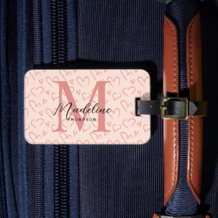 Cute Pastel Pink Heart Pattern Script Monogram Luggage Tag