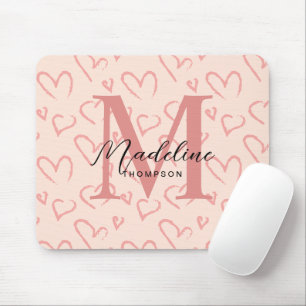 Cute Pastel Pink Heart Pattern Script Monogram Mouse Mat