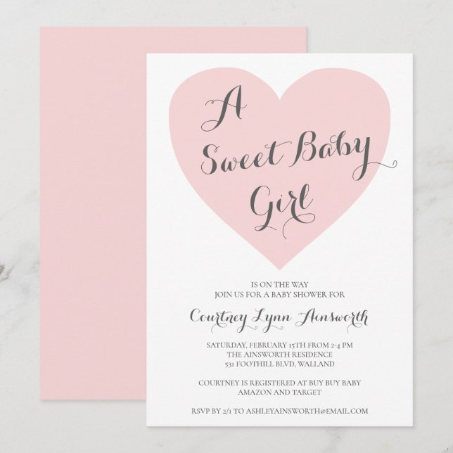 Cute Pastel Pink Heart Sweet Baby Girl Baby Shower Invitation (Front/Back)