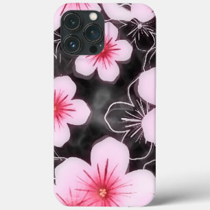 Cute Pastel Pink Hibiscus Floral Pattern On Black iPhone 13 Pro Max Case