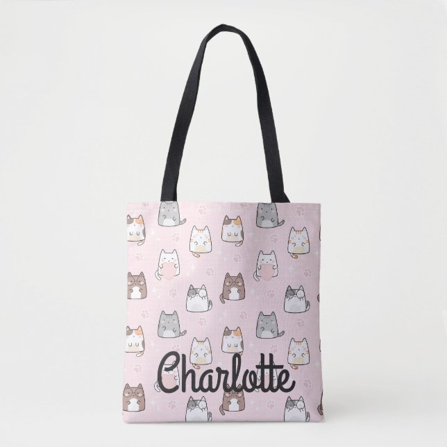 Cute Pastel Pink Kawaii Cats Sparkle Your Name  Tote Bag (Front)