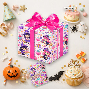 Cute Pastel Pink Kawaii Little Witch Birthday Wrapping Paper Sheet