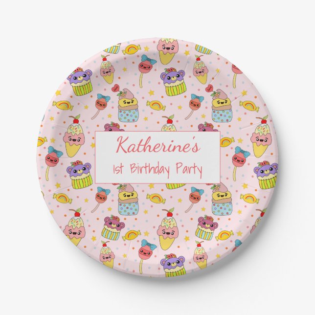 Cute Pastel Pink Kawaii Sweet Food Birthday Party Paper Plate (Front)