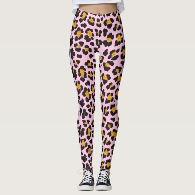 Cute Pastel Pink Leopard Gold Glitter Leggings (Front)