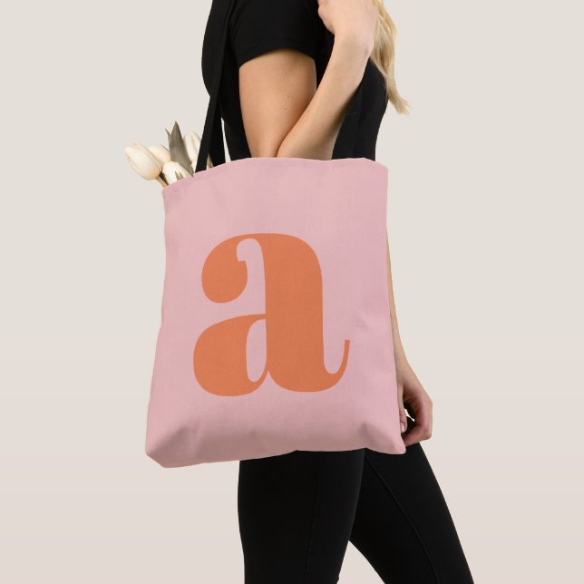 Cute Pastel Pink Orange Monogram Retro Lettering Tote Bag (Close Up)