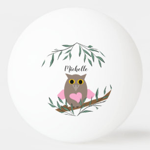 Cute Pastel Pink Owl On Branch Personalised Ping Pong Ball