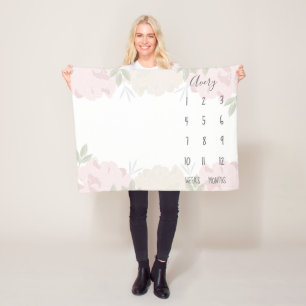 Cute Pastel Pink Peonies Floral Baby Milestone Fleece Blanket