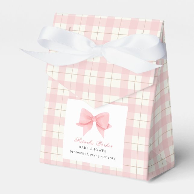 Cute Pastel Pink Plaid Gingham Bow Baby Shower Favour Box (Front Side)