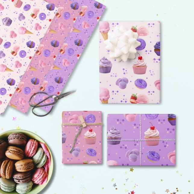 Cute Pastel Pink Purple Cupcake Doughnut Pattern   Wrapping Paper Sheet (Creator Uploaded)