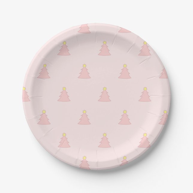 Cute Pastel Pink Rose Christmas Trees Pattern Paper Plate (Front)