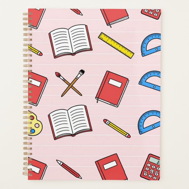 Cute Pastel Pink School Supplies Pattern Aesthetic Planner (Front)