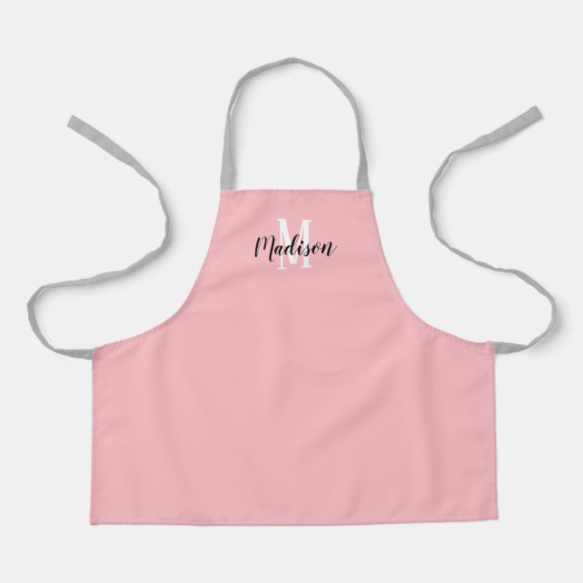 Cute Pastel Pink Script Monogram Personalised Kids Apron (Front)