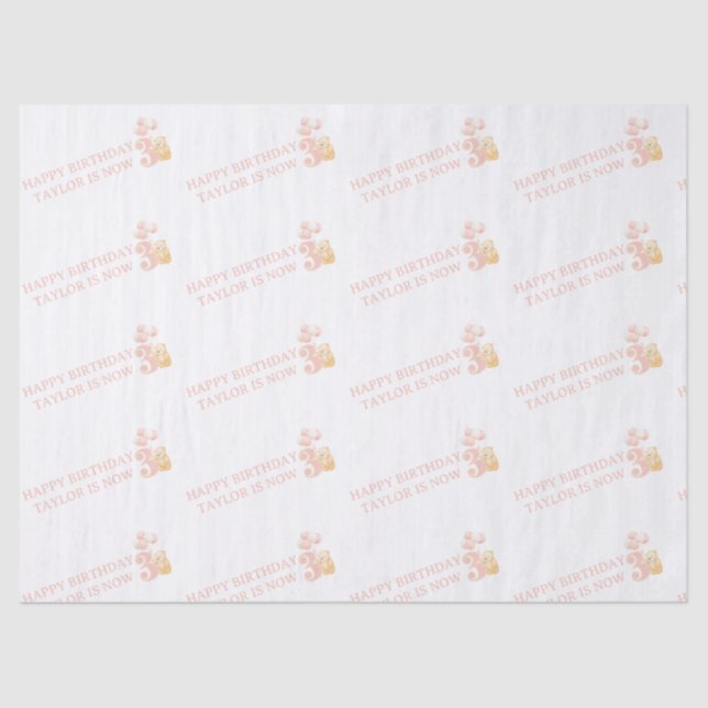 Cute Pastel Pink Teddy Bear 3 years Gift wrap Tissue Paper (Front)