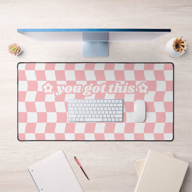 Cute Pastel Pink White Chequerboard Pattern Slogan Desk Mat (Office 1)