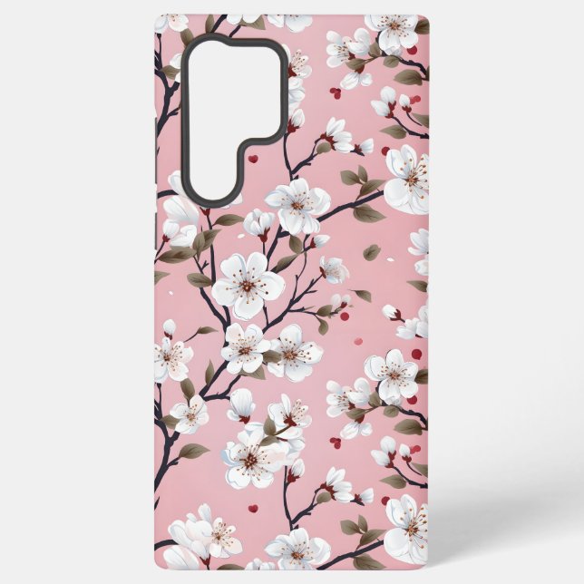 Cute Pastel Pink White Sakura Tree Branch Asian Samsung Galaxy S22 Ultra Case (Back)