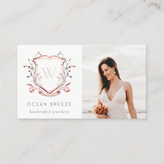 Cute Pastel Pink Wildflower Photo Crest Monogram Business Card (Front)
