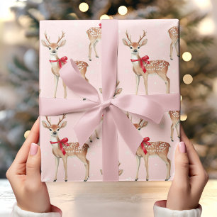 Cute Pastel Pink with Deer and Red Bow  Wrapping Paper