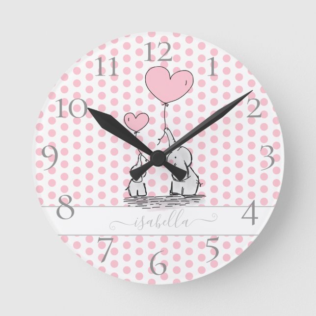 Cute Pastel Polka Dot Pink Baby and Mom Elephant Round Clock (Front)