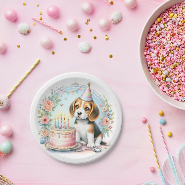 Cute Pastel Puppy Beagle - Birthday  Paper Plate (Creator Uploaded)