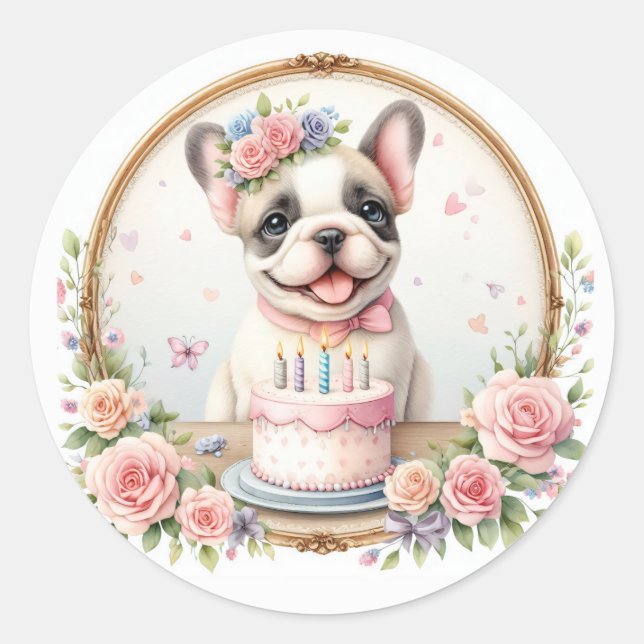 Cute Pastel Puppy French Bulldog - Birthday  Classic Round Sticker (Front)