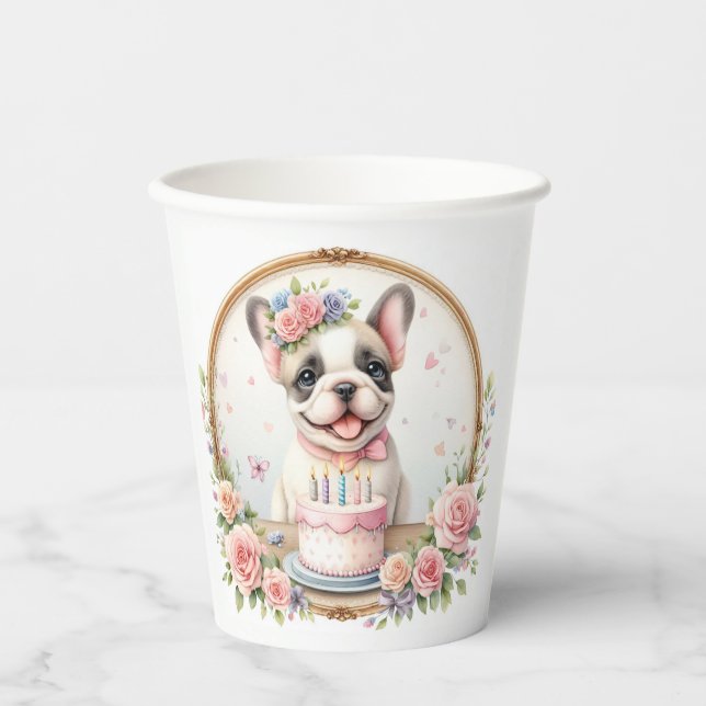 Cute Pastel Puppy French Bulldog - Birthday  Paper Cups (Front)