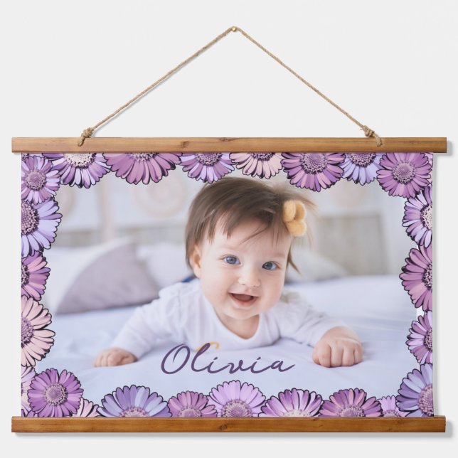  Cute Pastel Purple Daisy Name Photo Grandchildren Hanging Tapestry (Front)