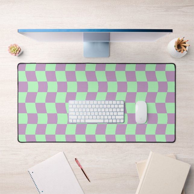 Cute Pastel Purple Green Wavy Chequerboard Print Desk Mat (Office 1)