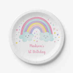 Cute Pastel Rainbow Clouds Birthday Paper Plate