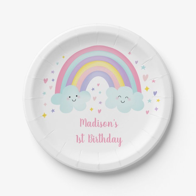 Cute Pastel Rainbow Clouds Birthday Paper Plate (Front)