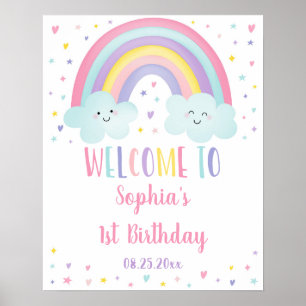 Cute Pastel Rainbow Clouds Girl Birthday Welcome Poster